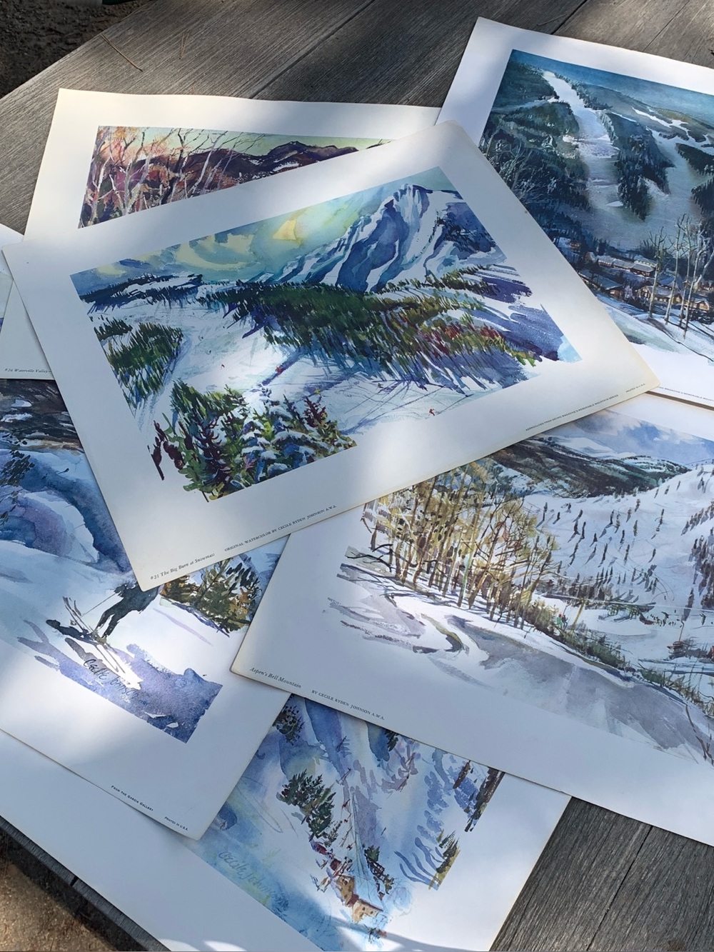 Cecile Ryden Johnson Set of Six Ski Themed Watercolor Prints 19  1/2” X 151/2”